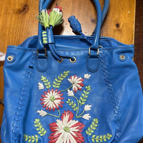 Isabella Fiore Blue Leather Floral Embroidered Shoulder Bag - Picture 9 of 9